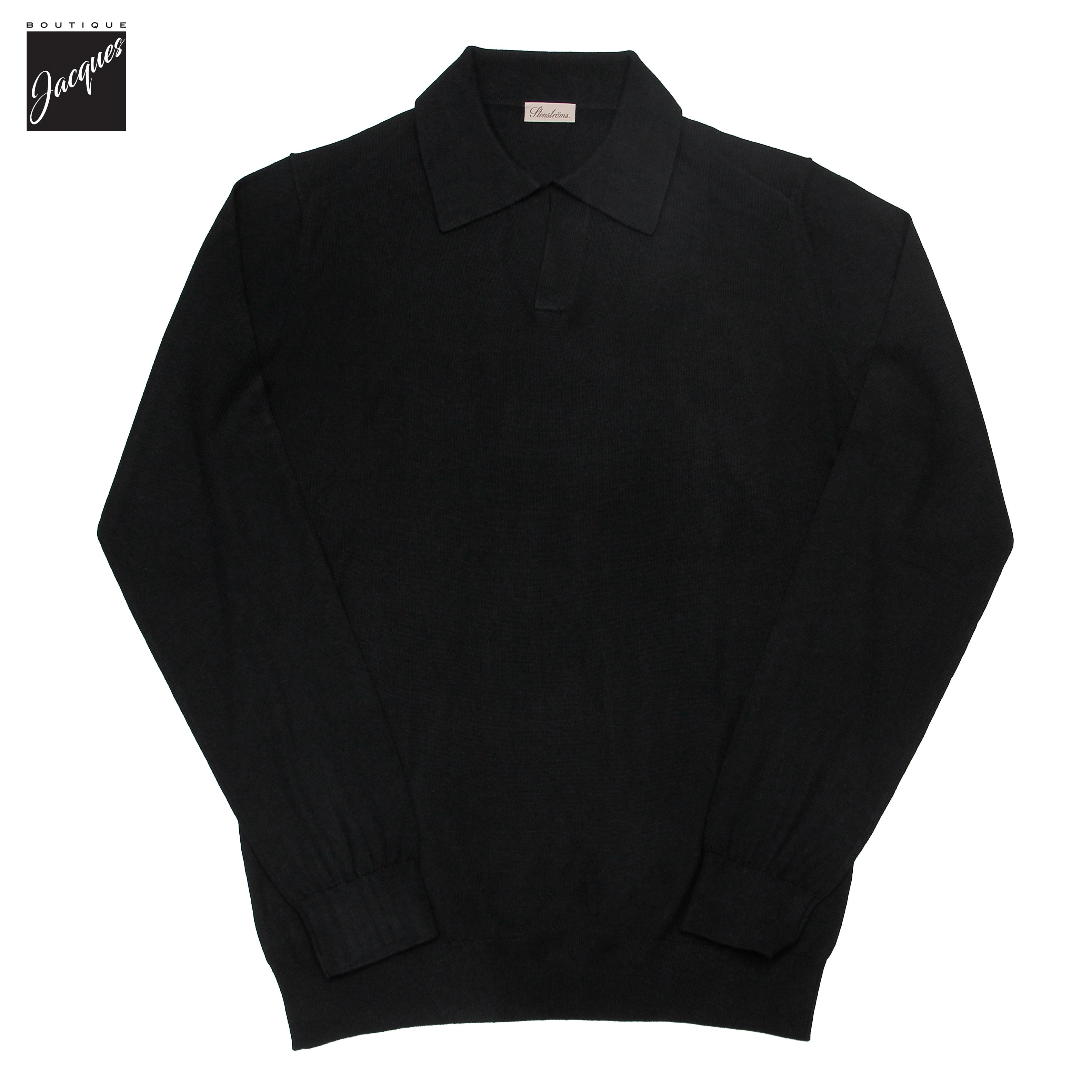 Black Silk-Cashmere Johnny Collar Long Sleeve Polo Shirt - Stenströms