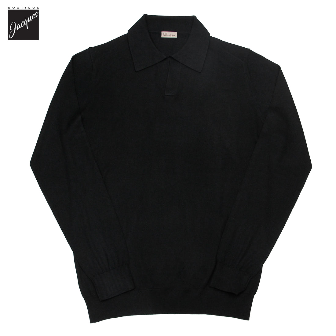Black Silk-Cashmere Johnny Collar Long Sleeve Polo Shirt - Stenströms