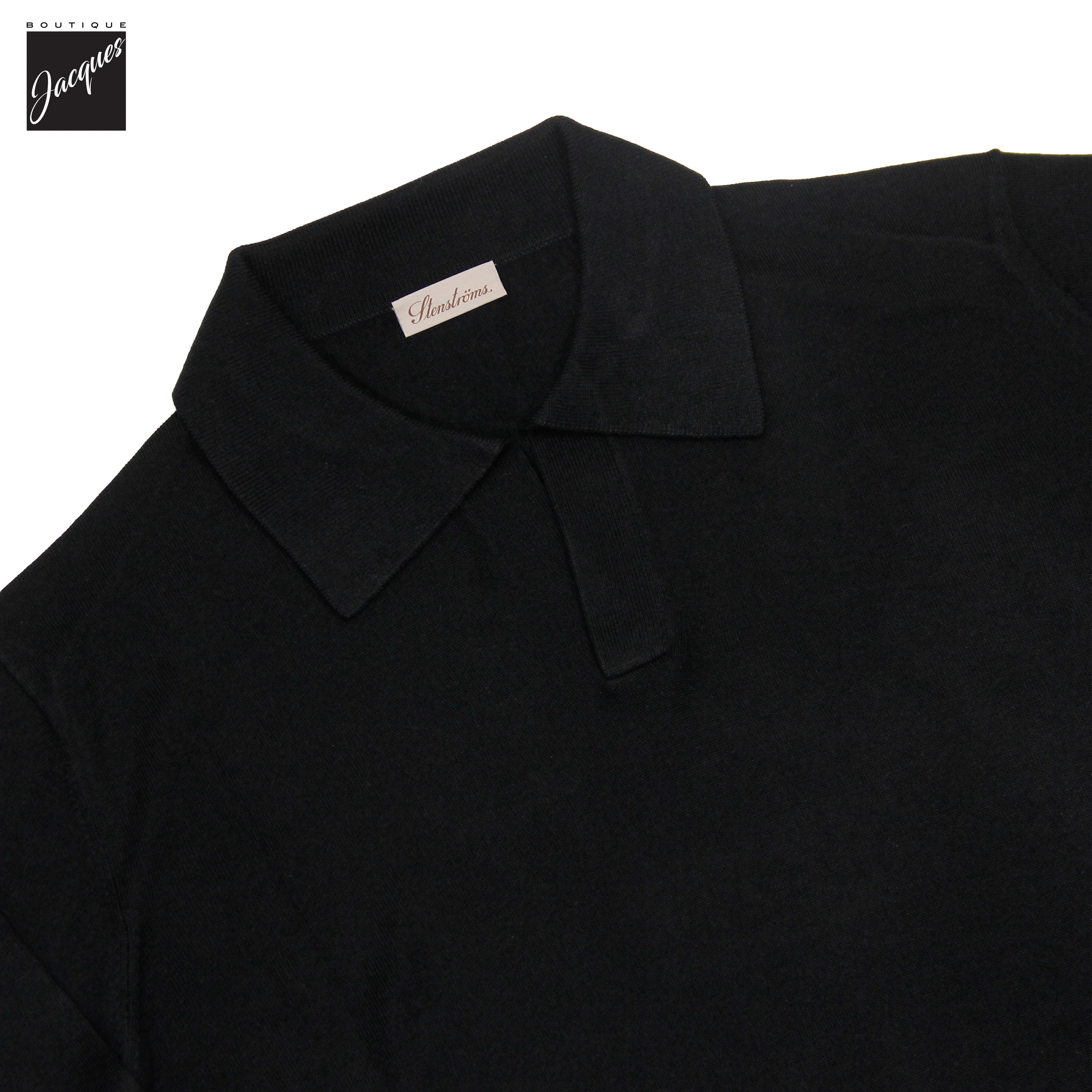 Black Silk-Cashmere Johnny Collar Long Sleeve Polo Shirt - Stenströms