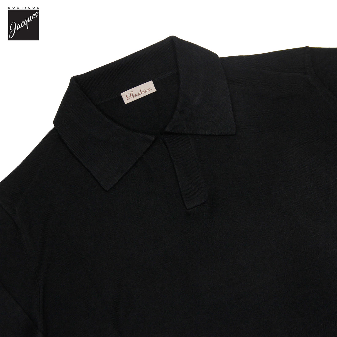 Black Silk-Cashmere Johnny Collar Long Sleeve Polo Shirt - Stenströms
