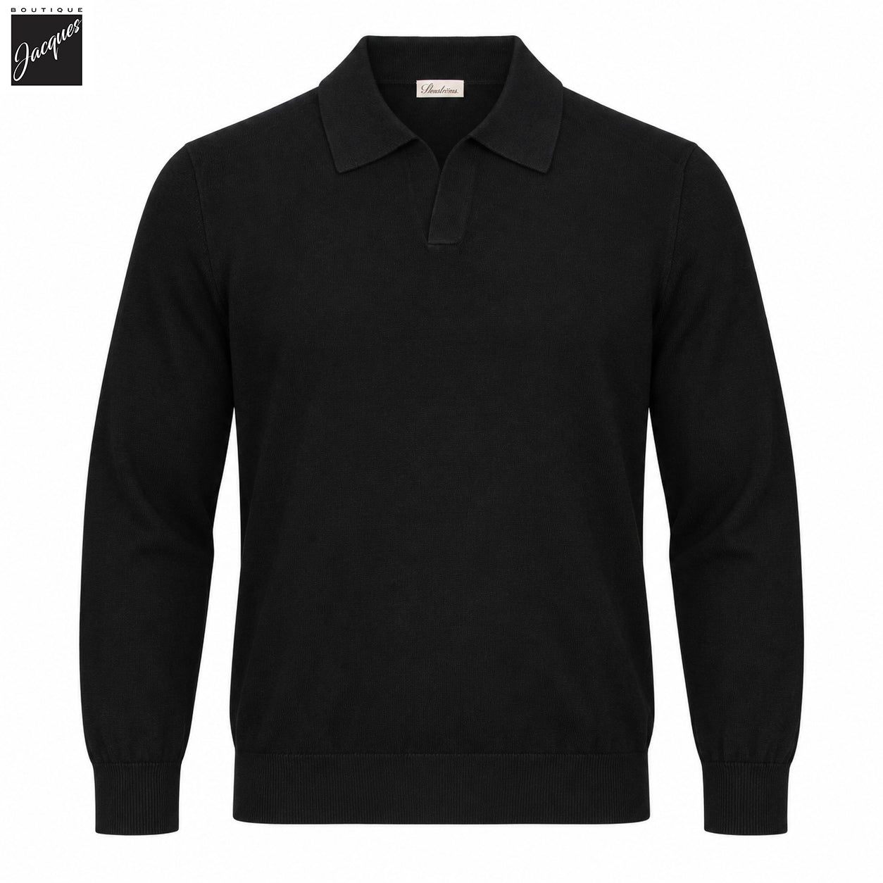 Black Silk-Cashmere Johnny Collar Long Sleeve Polo Shirt - Stenströms