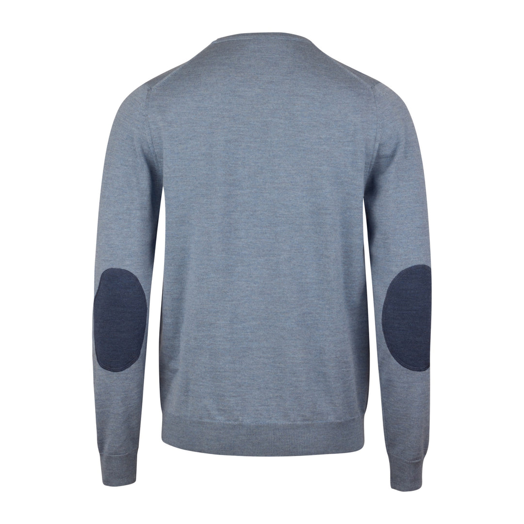 Light Blue Merino Wool Crew Neck Sweater w/ Elbow Patches - Stenströms - Boutique Jacques International