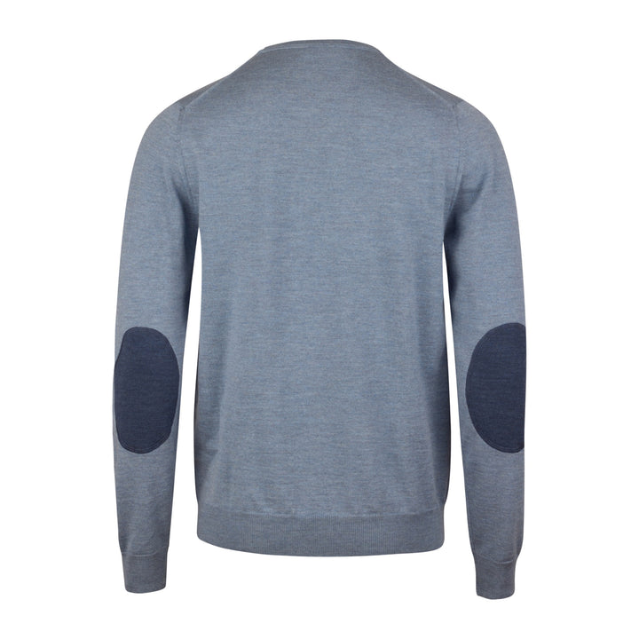 Light Blue Merino Wool Crew Neck Sweater w/ Elbow Patches - Stenströms - Boutique Jacques International