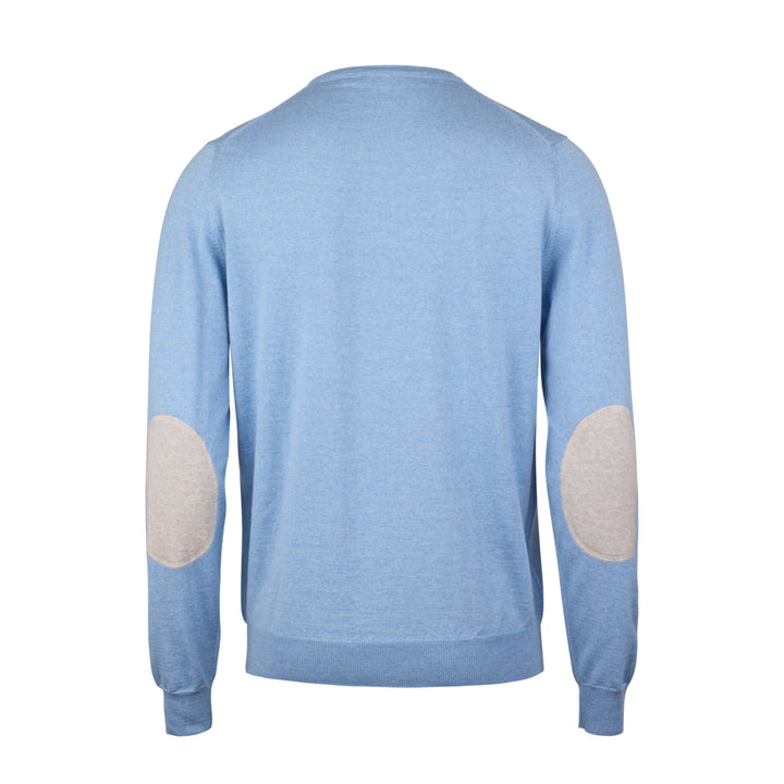Cornflower Blue Merino Wool Crew Neck Sweater w/ Elbow Patches - Stenströms