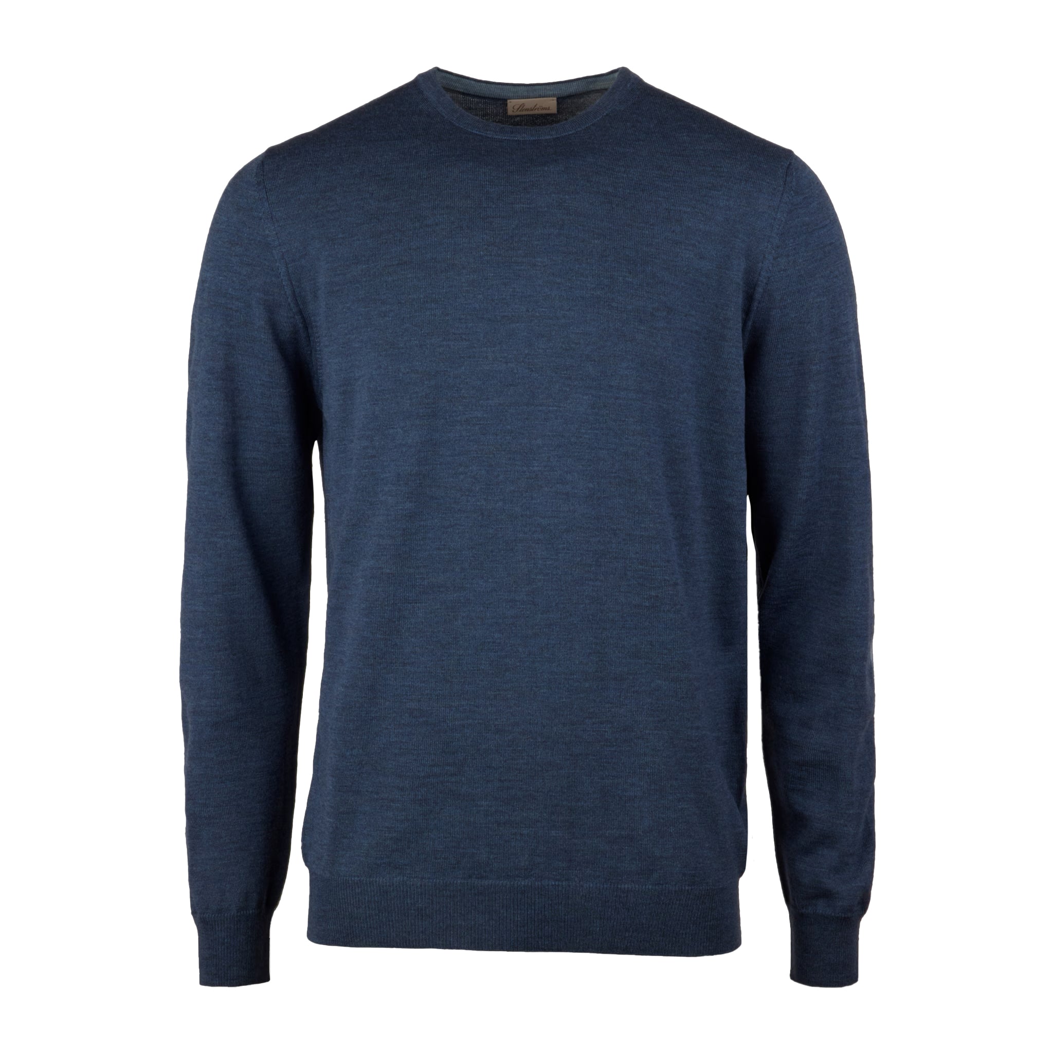 Pull col rond en laine mérinos bleu denim avec coudières - Stenströms