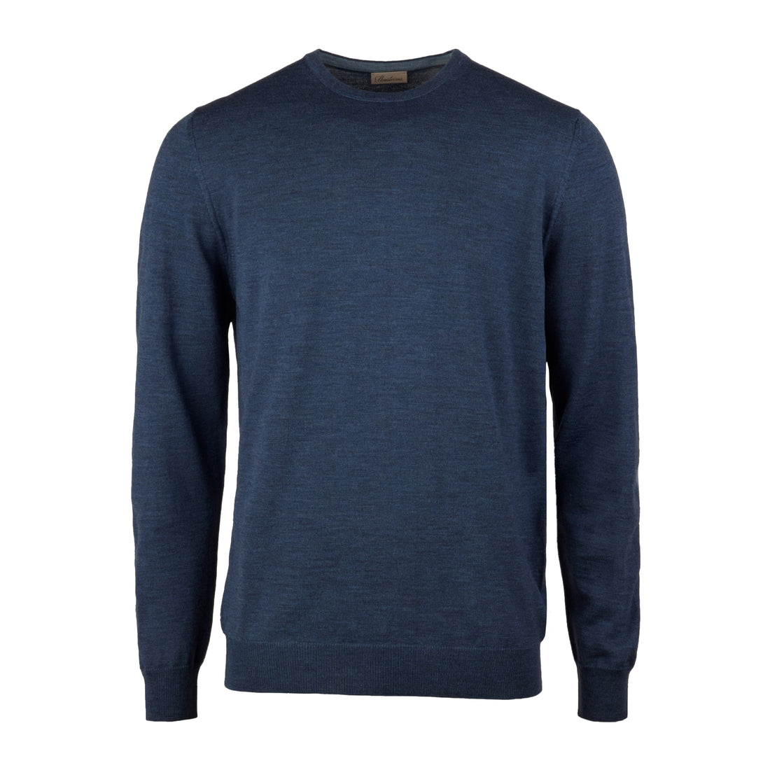 Pull col rond en laine mérinos bleu denim avec coudières - Stenströms