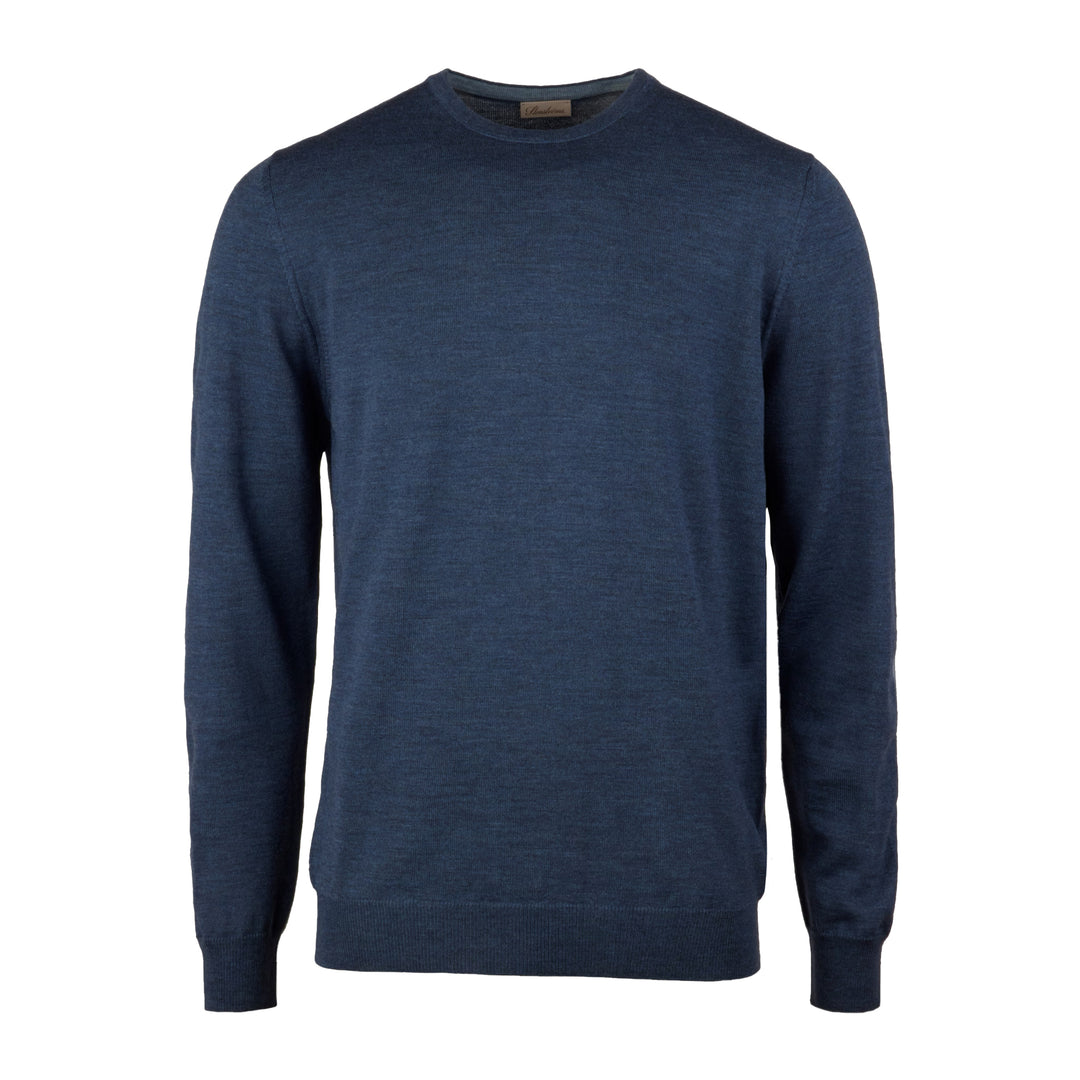 Dark Blue Merino Wool Crew Neck Sweater w/ Elbow Patches - Stenströms