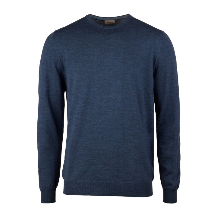 Dark Blue Merino Wool Crew Neck Sweater w/ Elbow Patches - Stenströms
