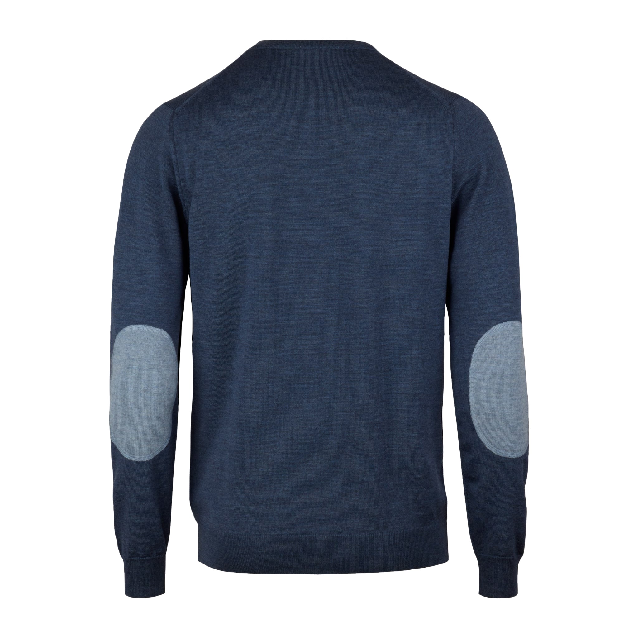 Pull col rond en laine mérinos bleu denim avec coudières - Stenströms