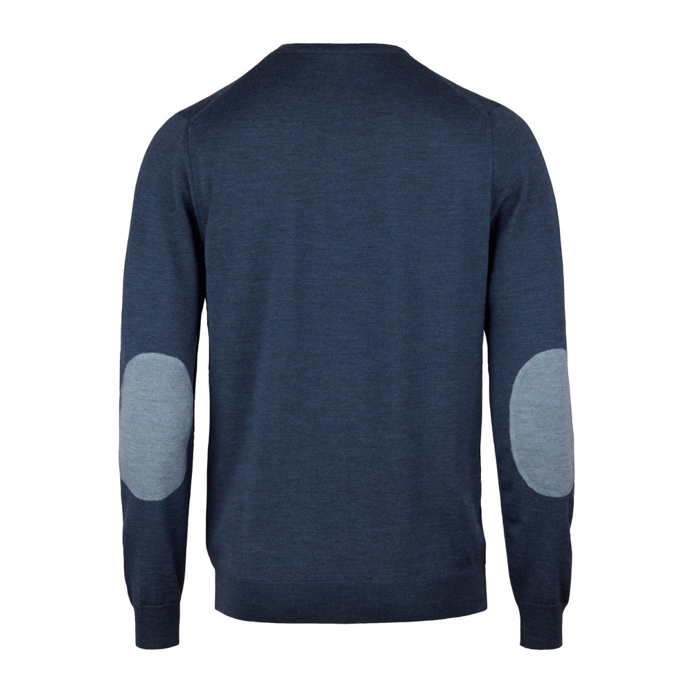 Dark Blue Merino Wool Crew Neck Sweater w/ Elbow Patches - Stenströms