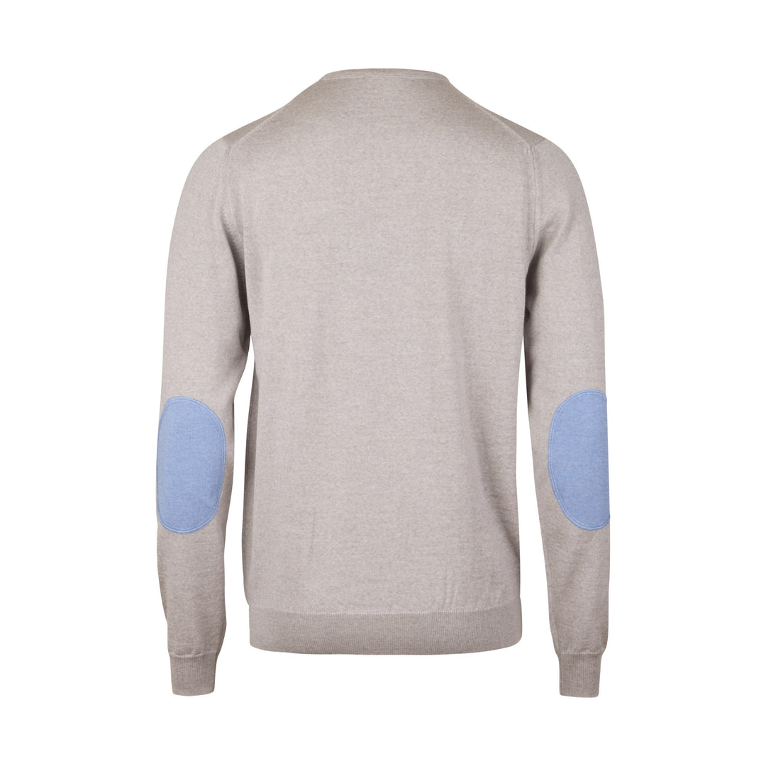 Light Beige Merino Wool Crew Neck Sweater w/ Elbow Patches - Stenströms