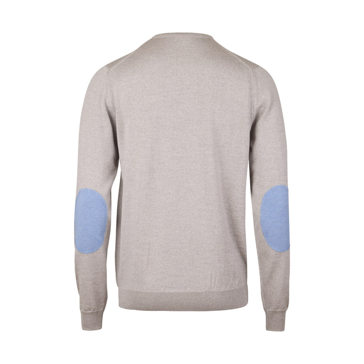 Light Beige Merino Wool Crew Neck Sweater w/ Elbow Patches - Stenströms