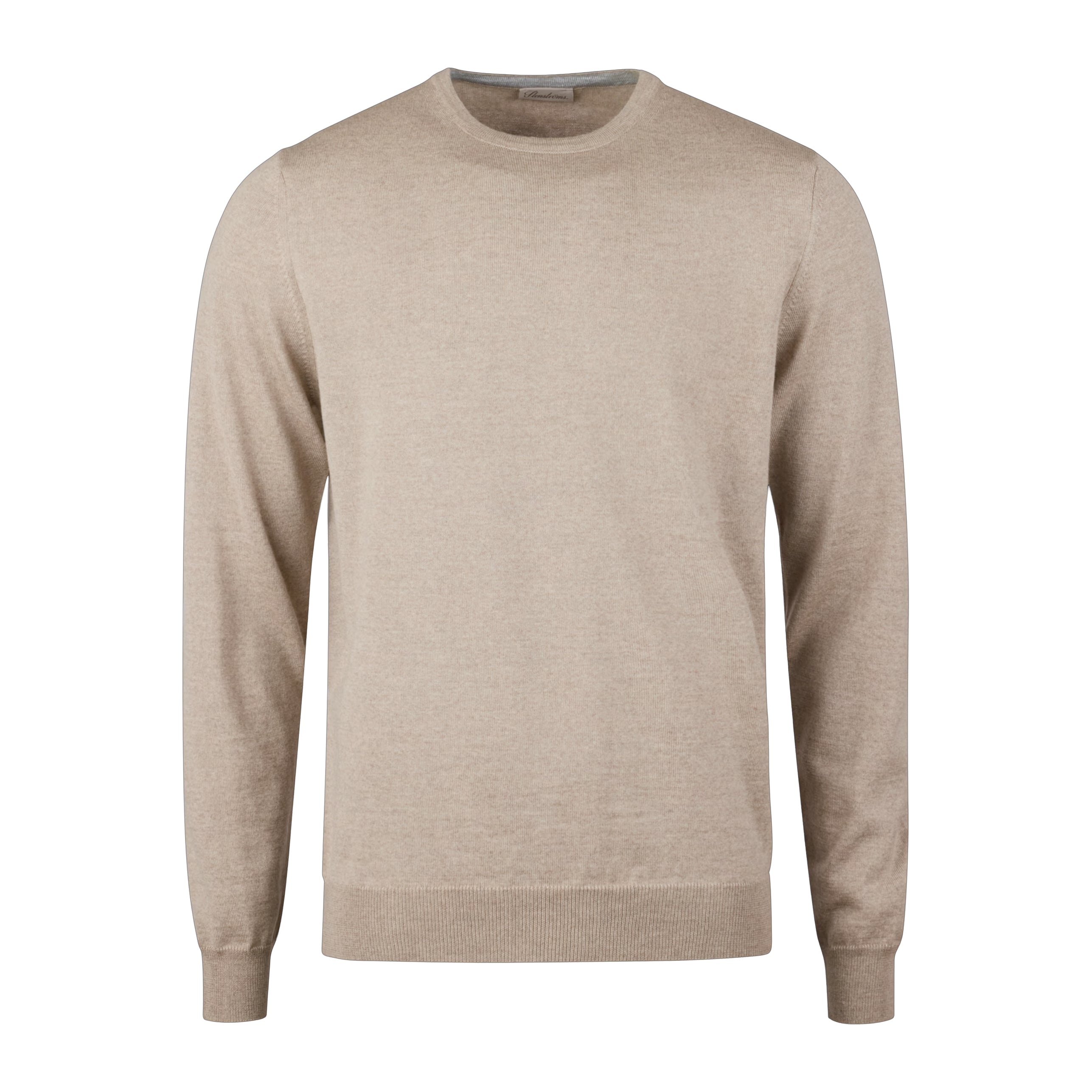 Beige Merino Wool Crew Neck Sweater w/ Elbow Patches - Stenströms
