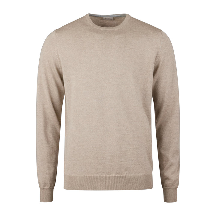 Beige Merino Wool Crew Neck Sweater w/ Elbow Patches - Stenströms