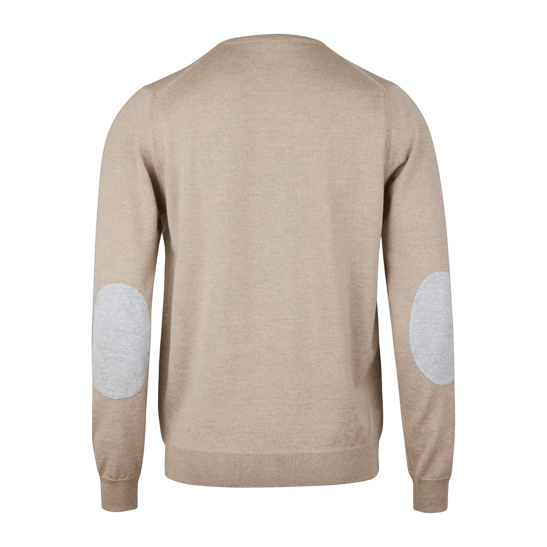 Beige Merino Wool Crew Neck Sweater w/ Elbow Patches - Stenströms