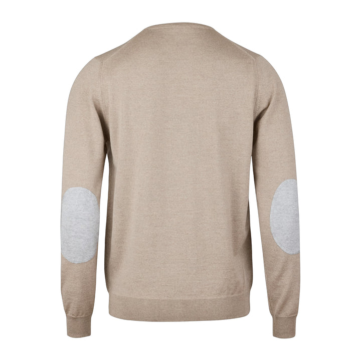 Beige Merino Wool Crew Neck Sweater w/ Elbow Patches - Stenströms