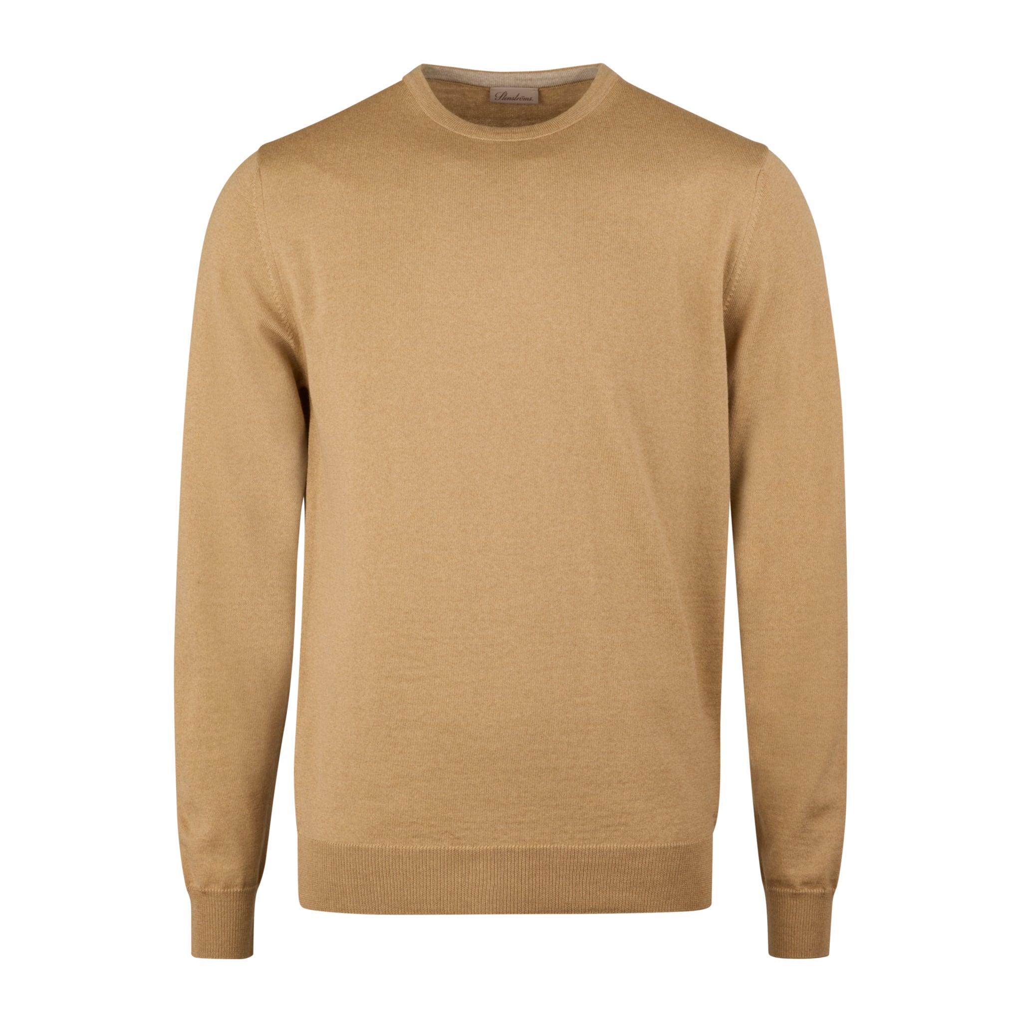 Camel Beige Merino Wool Crew Neck Sweater with Elbow Patches - Stenströms
