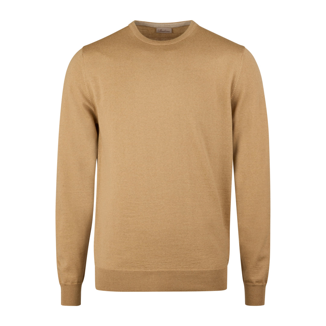 Camel Beige Merino Wool Crew Neck Sweater with Elbow Patches - Stenströms
