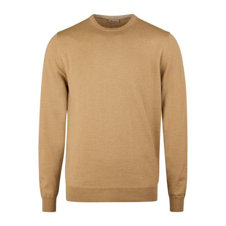 Camel Beige Merino Wool Crew Neck Sweater with Elbow Patches - Stenströms