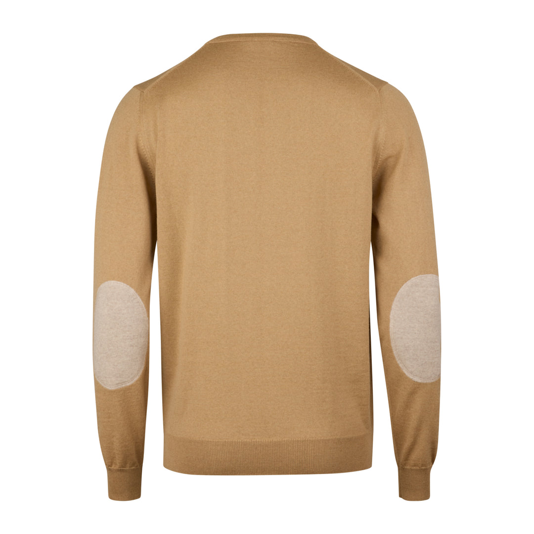 Camel Beige Merino Wool Crew Neck Sweater with Elbow Patches - Stenströms