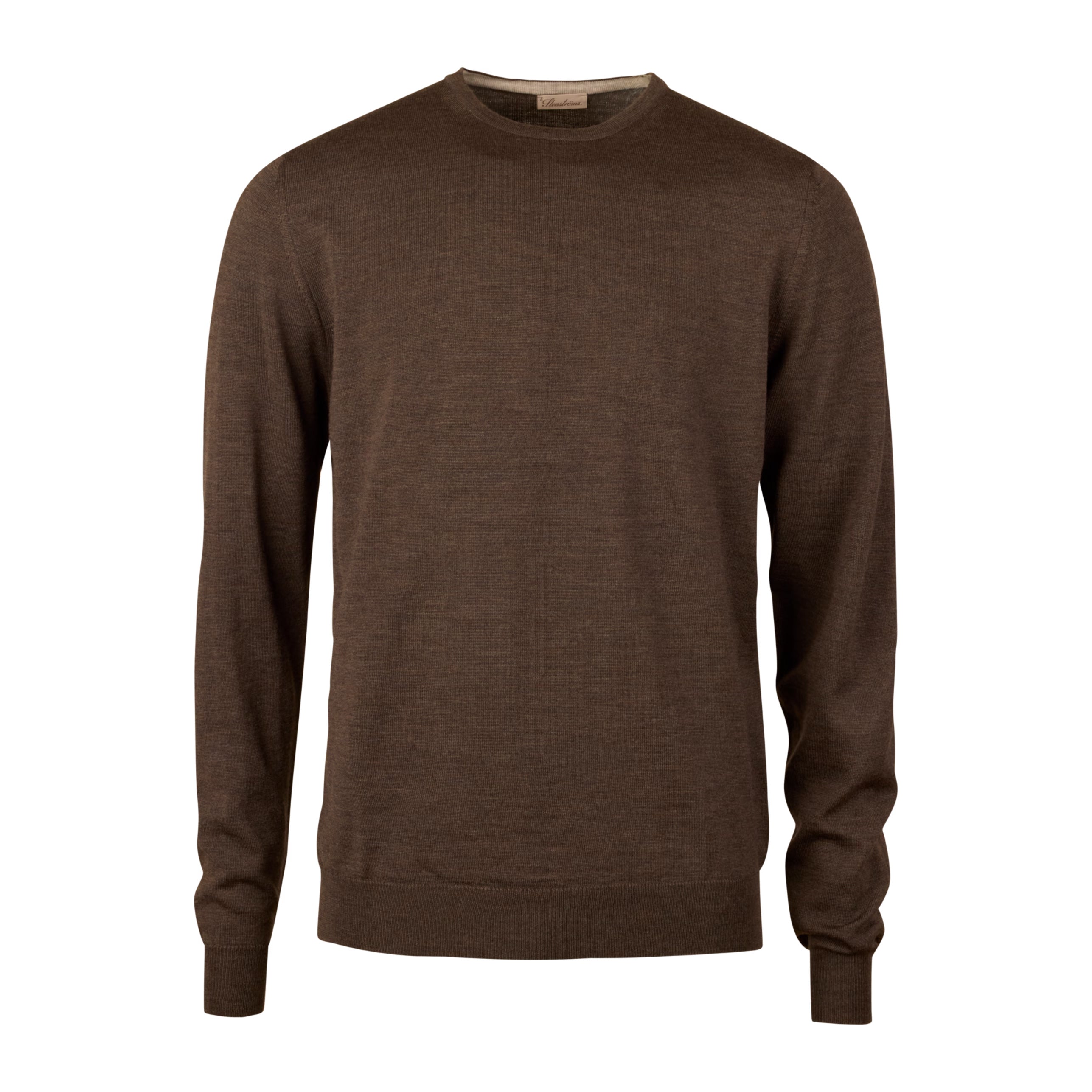 Dark Brown Merino Wool Crew Neck Sweater with Elbow Patches - Stenströms