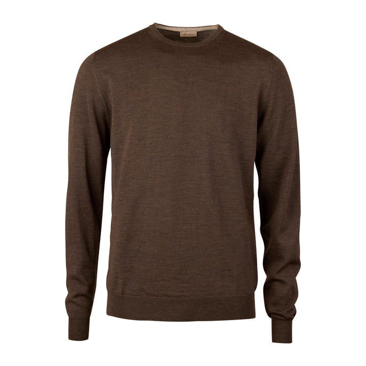 Dark Brown Merino Wool Crew Neck Sweater with Elbow Patches - Stenströms