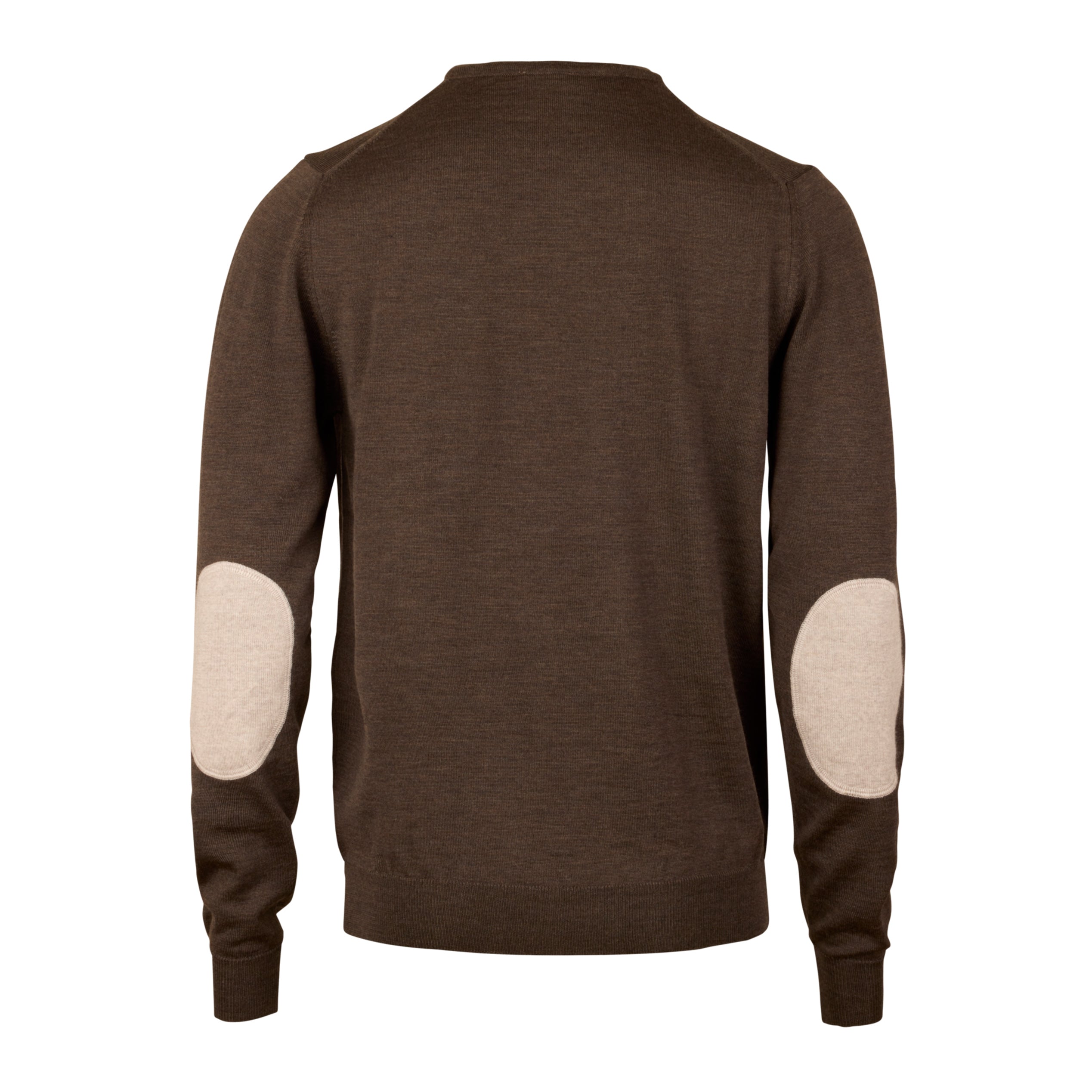 Dark Brown Merino Wool Crew Neck Sweater with Elbow Patches - Stenströms