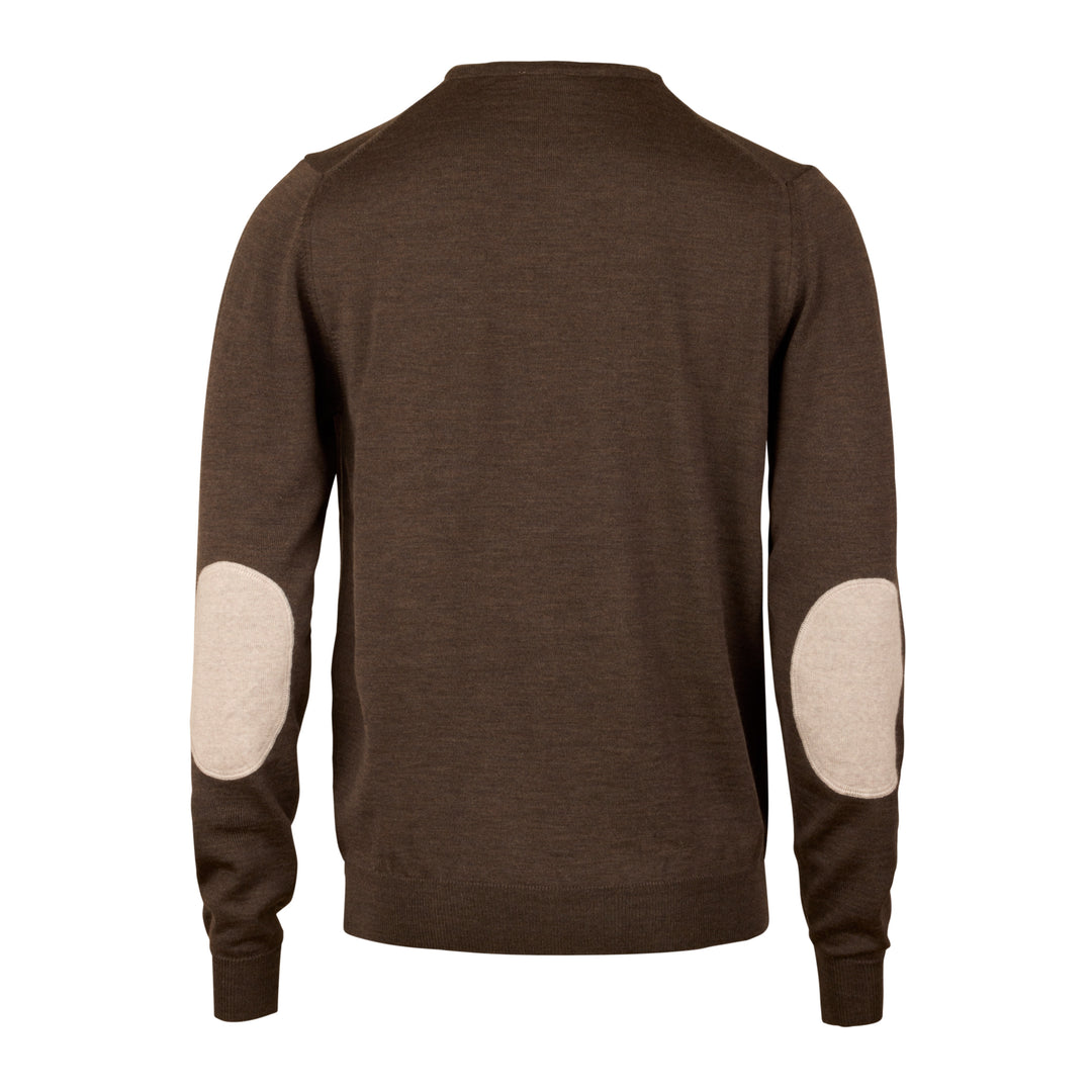 Dark Brown Merino Wool Crew Neck Sweater with Elbow Patches - Stenströms