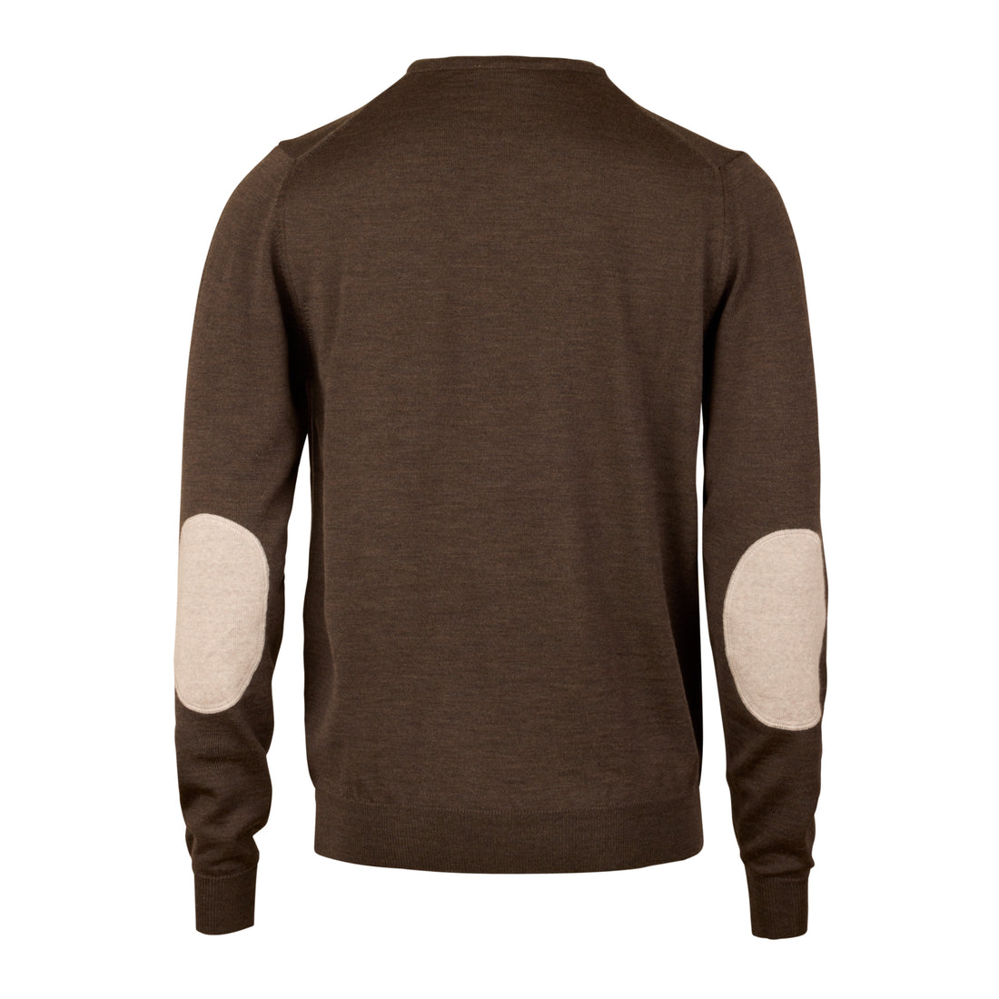 Dark Brown Merino Wool Crew Neck Sweater with Elbow Patches - Stenströms