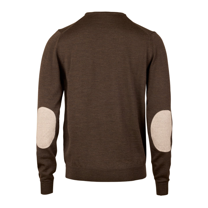Dark Brown Merino Wool Crew Neck Sweater with Elbow Patches - Stenströms