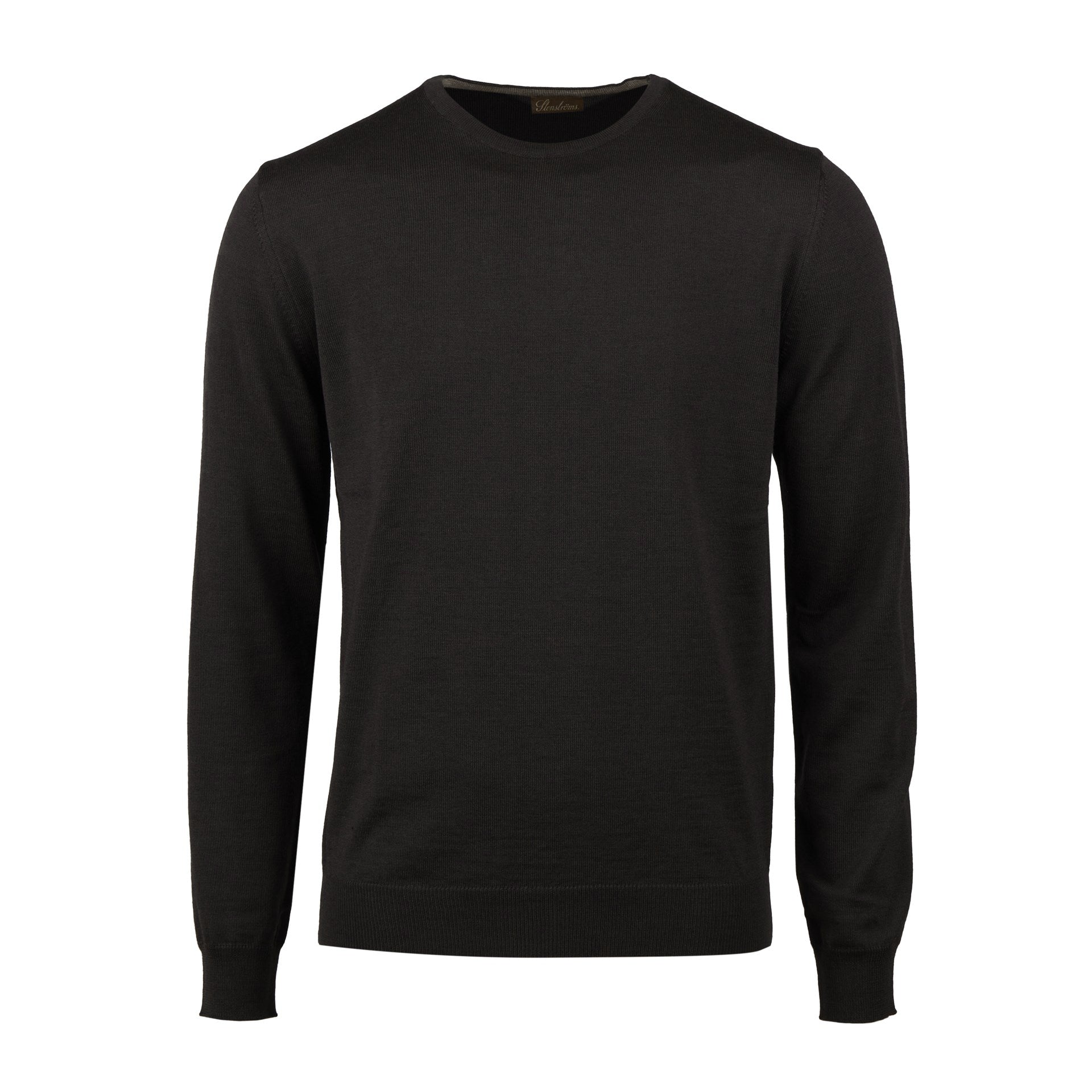 Dark Brown Merino Wool Crew Neck Sweater with Elbow Patches - Stenströms