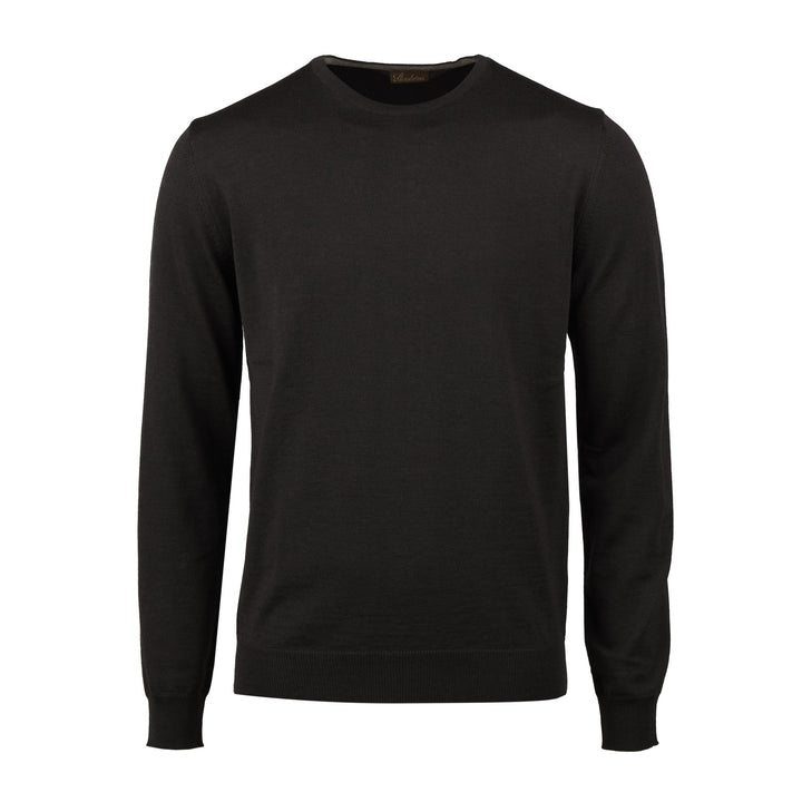 Dark Brown Merino Wool Crew Neck Sweater with Elbow Patches - Stenströms