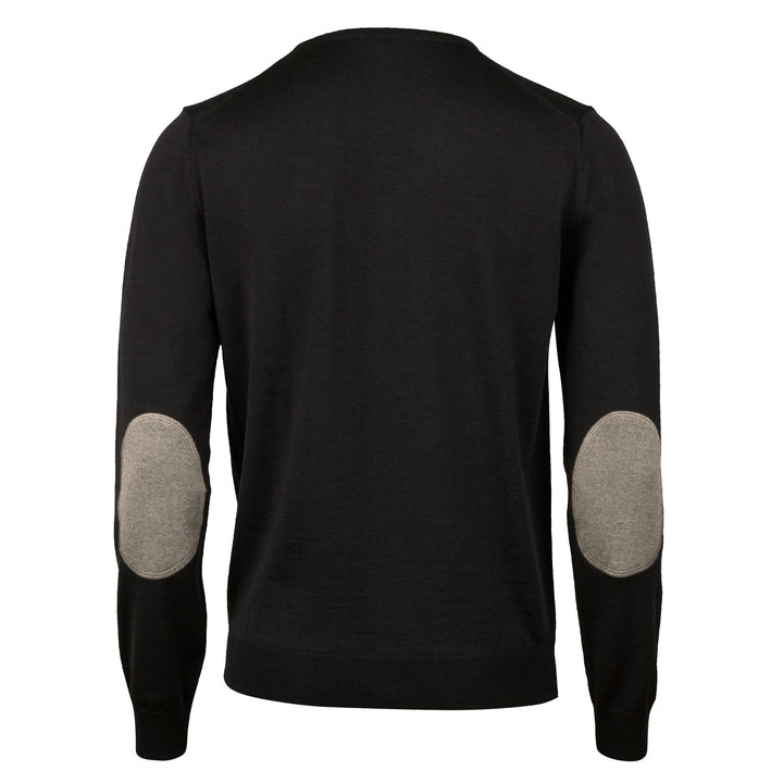 Dark Brown Merino Wool Crew Neck Sweater with Elbow Patches - Stenströms
