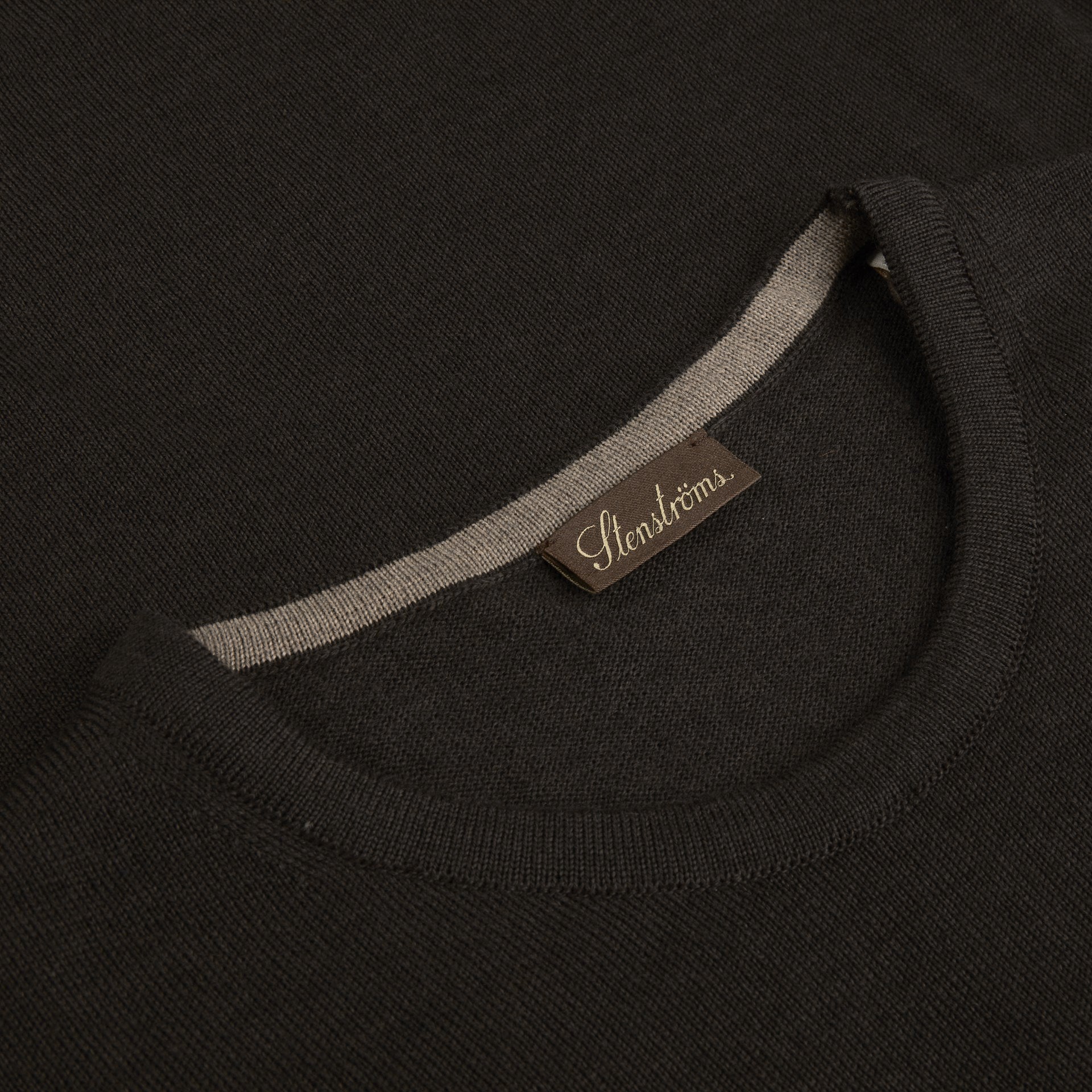 Dark Brown Merino Wool Crew Neck Sweater with Elbow Patches - Stenströms