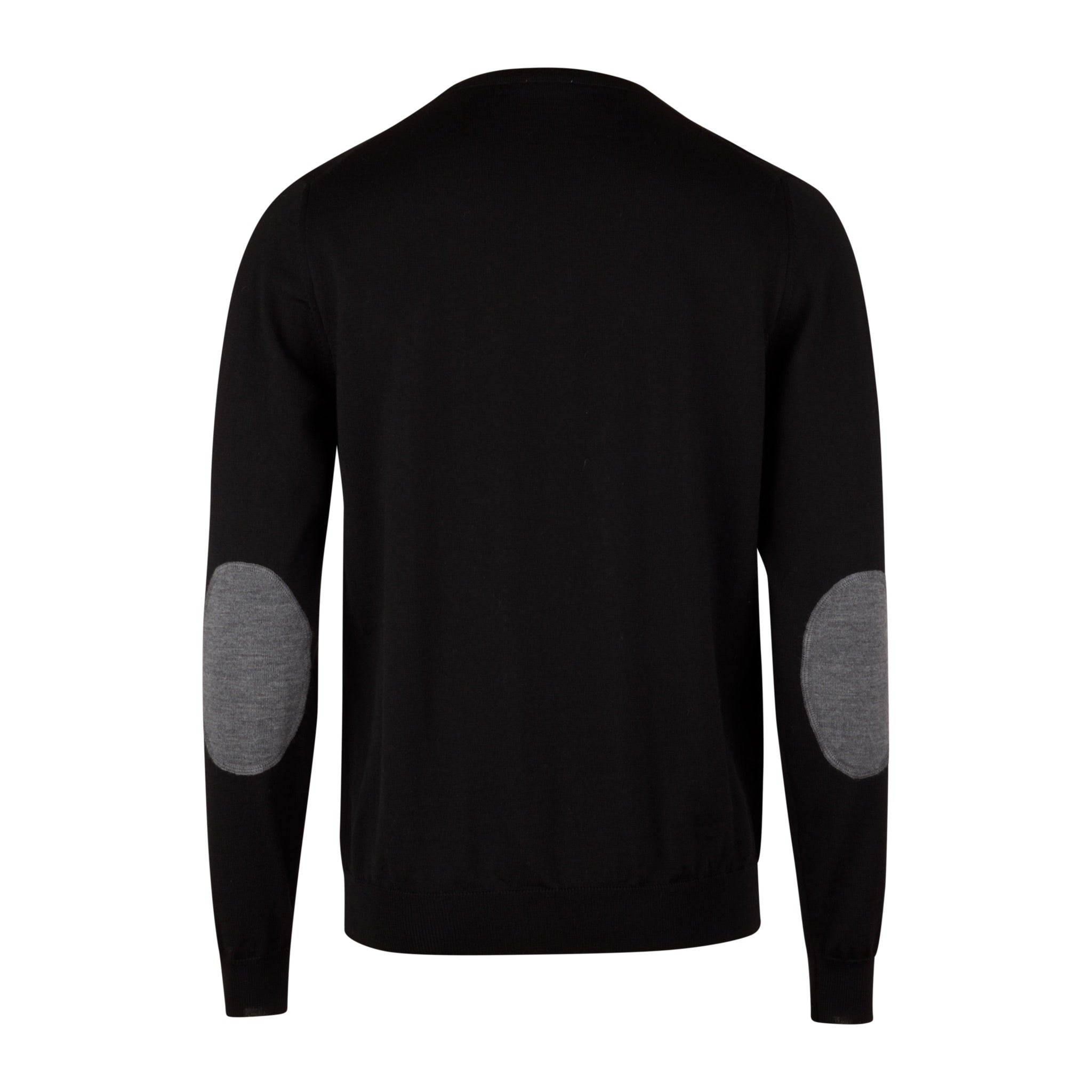 Black Merino Wool Crew Neck Sweater w/ Elbow Patches - Stenströms
