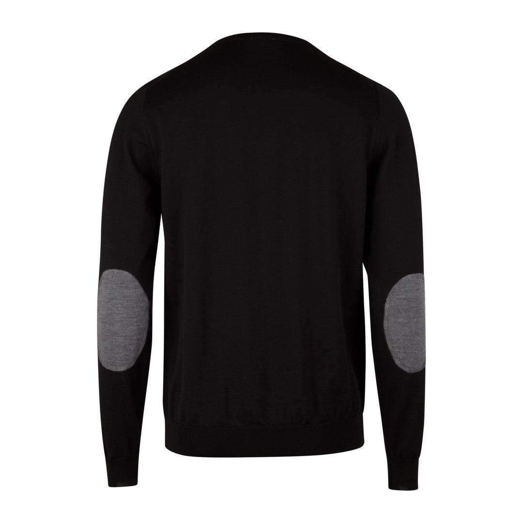 Black Merino Wool Crew Neck Sweater w/ Elbow Patches - Stenströms