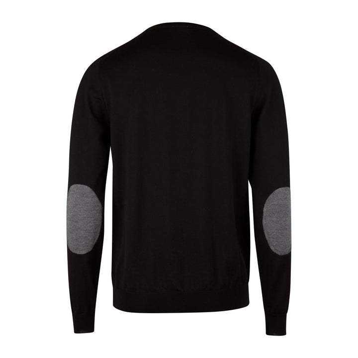 Black Merino Wool Crew Neck Sweater w/ Elbow Patches - Stenströms