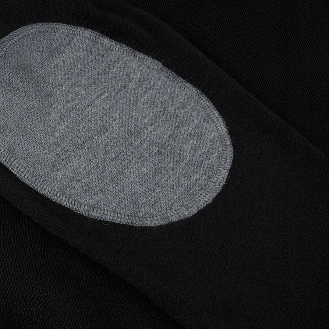 Black Merino Wool Crew Neck Sweater w/ Elbow Patches - Stenströms