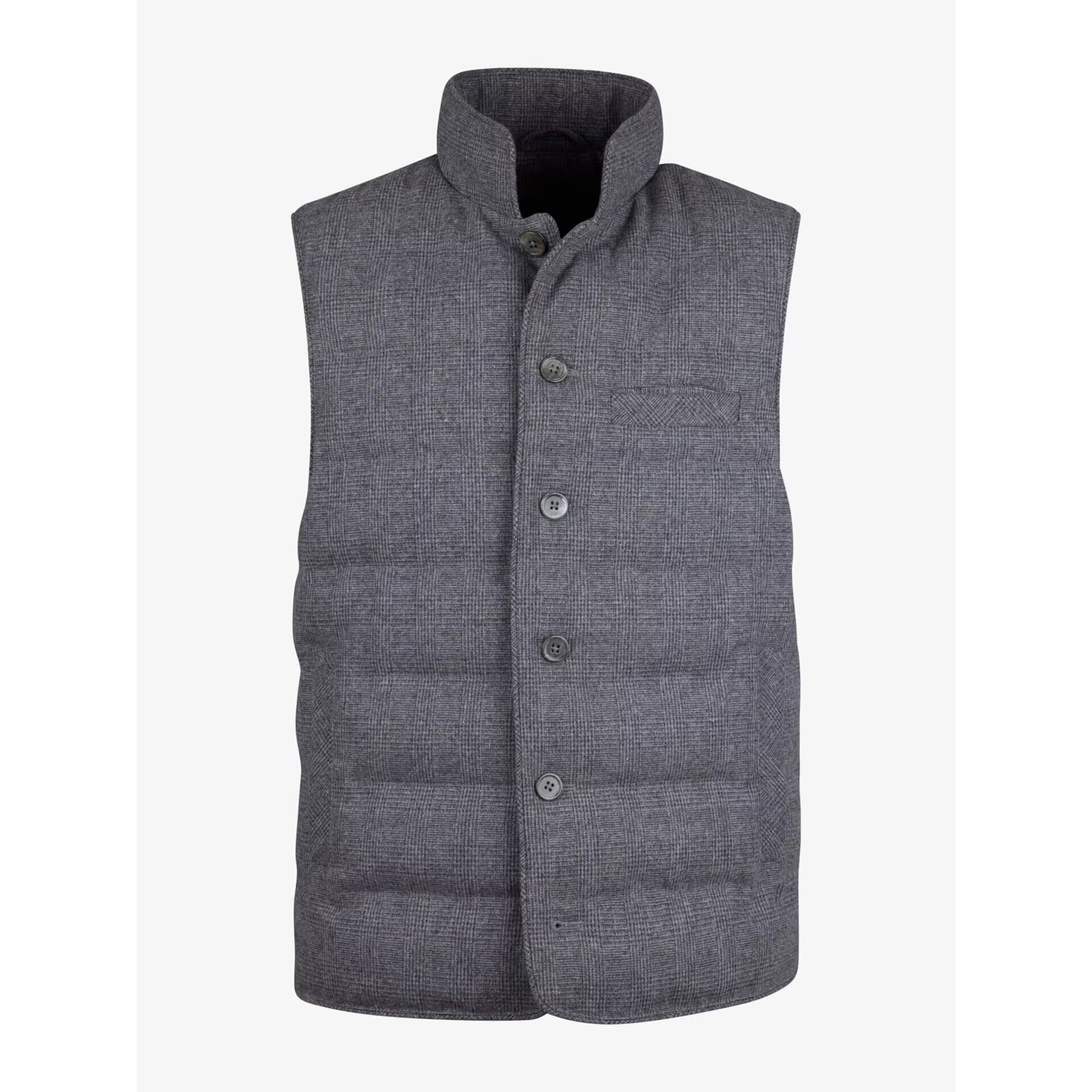 Gray Checked Quilted Wool Full Zip Vest - Stenströms