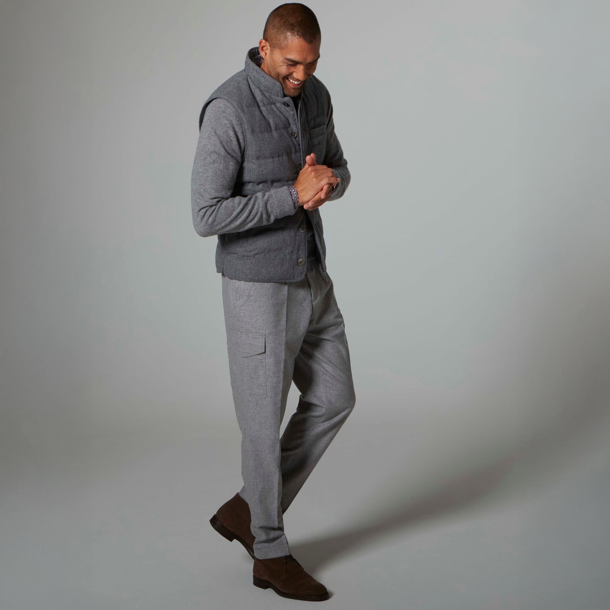 Gray Checked Quilted Wool Full Zip Vest - Stenströms