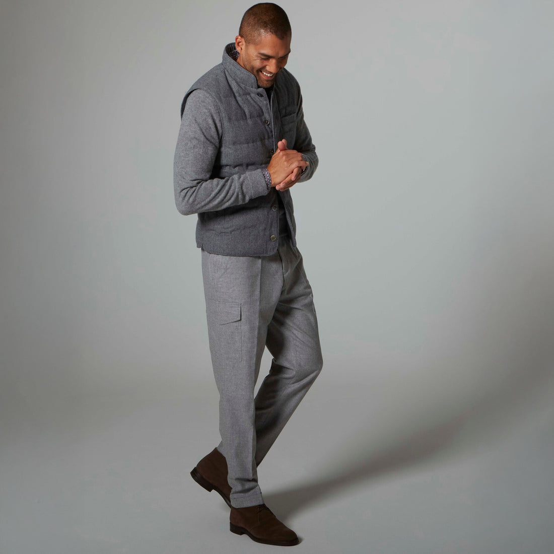 Gray Checked Quilted Wool Full Zip Vest - Stenströms