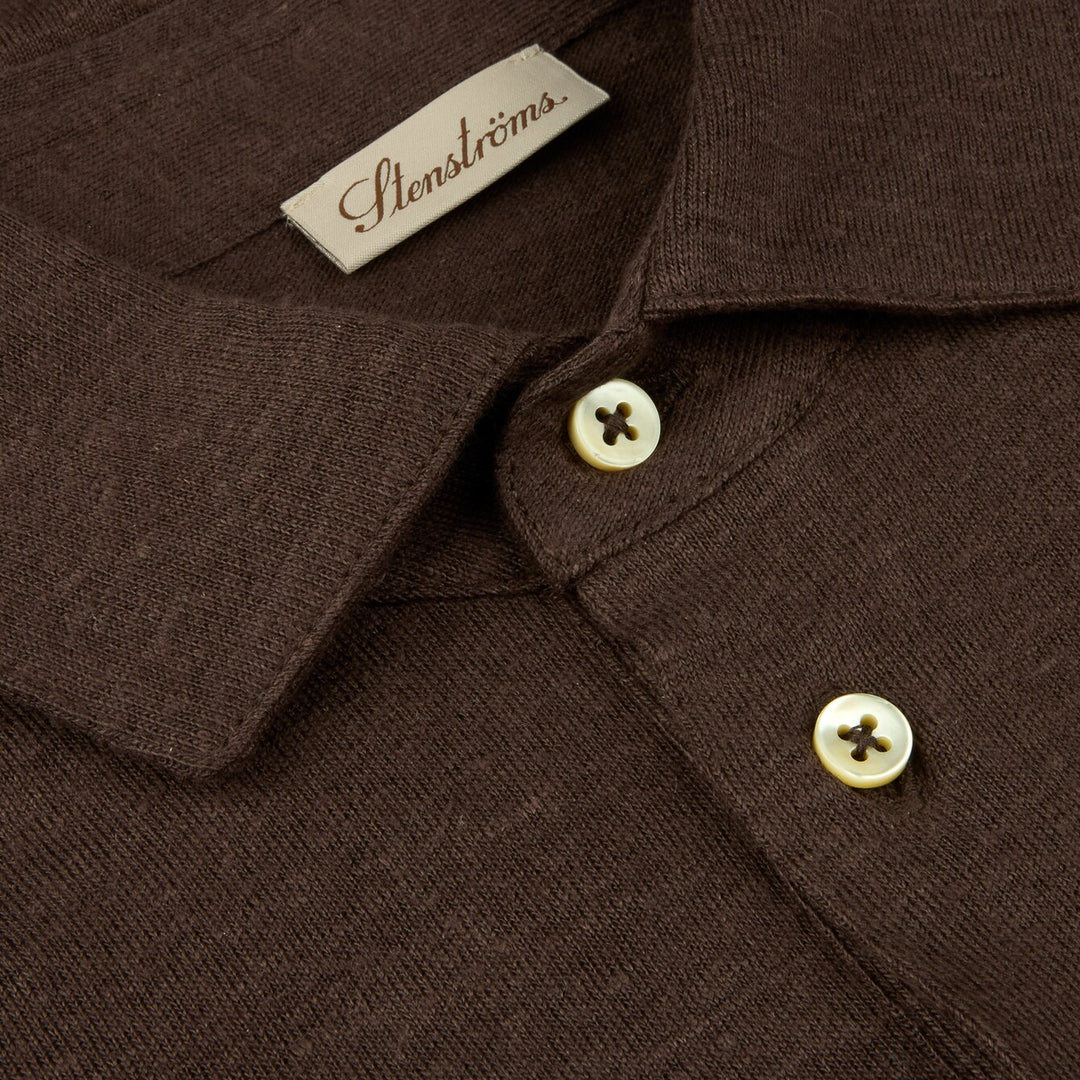 Dark Brown Linen-Stretch Short Sleeve Knitted Polo Shirt - Stenströms
