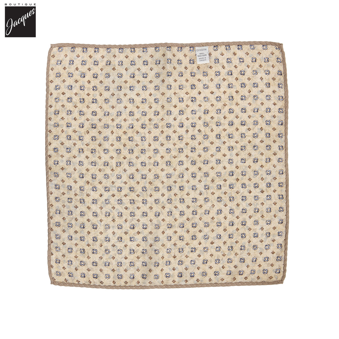 Beige Leafy Floral/Medallion Reversible Silk Pocket Square - DION - Boutique Jacques International