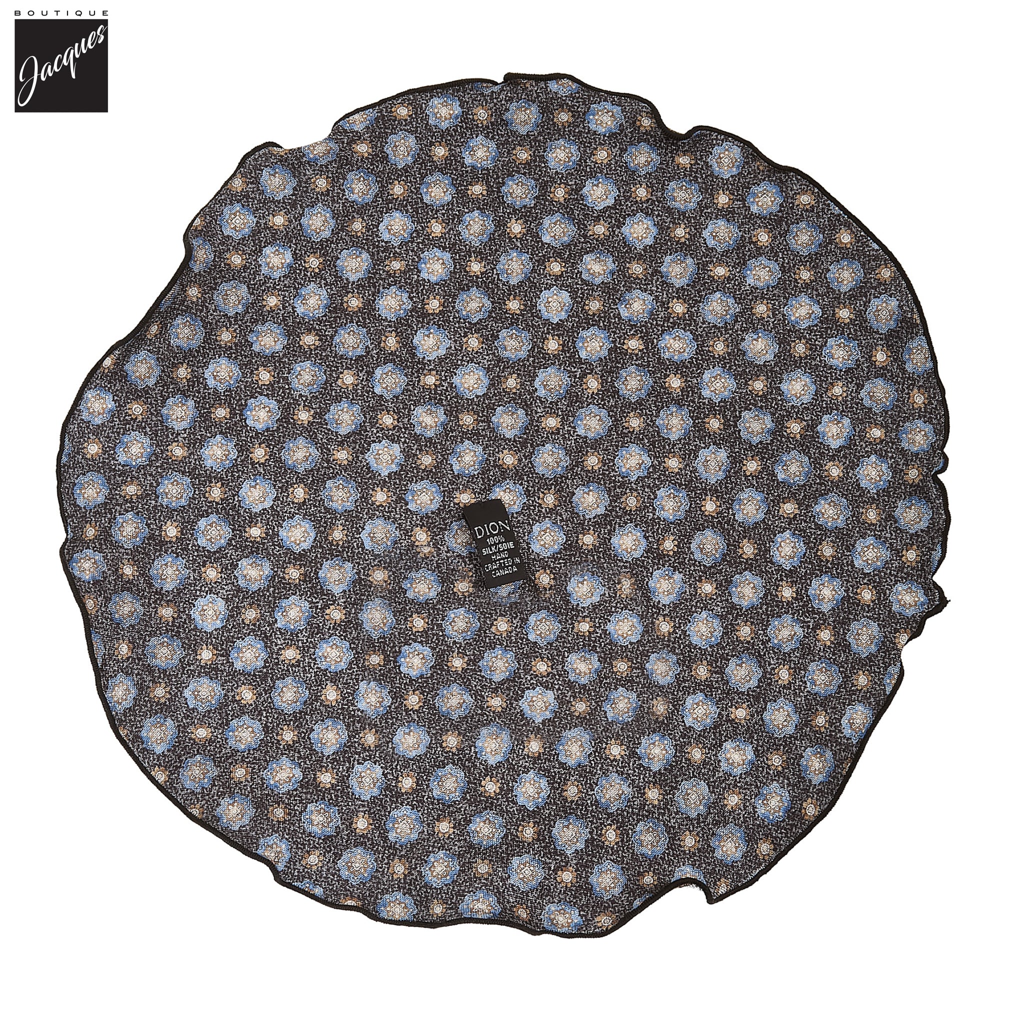Dark Charcoal Paisley/Medallion Reversible Silk Pocket Round - DION - Boutique Jacques International