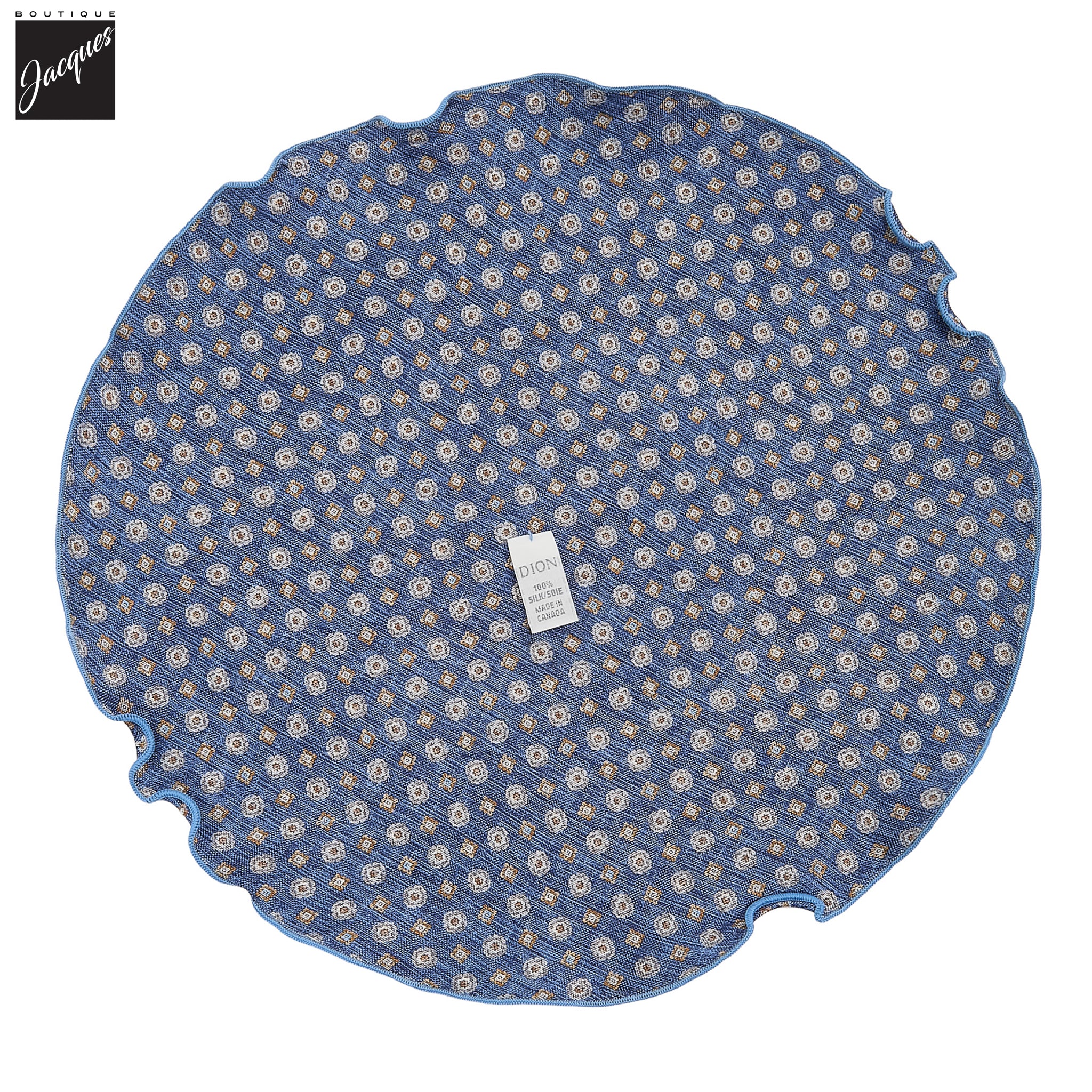 Mid Blue Mini Floral/Medallion Reversible Silk Pocket Round - DION - Boutique Jacques International
