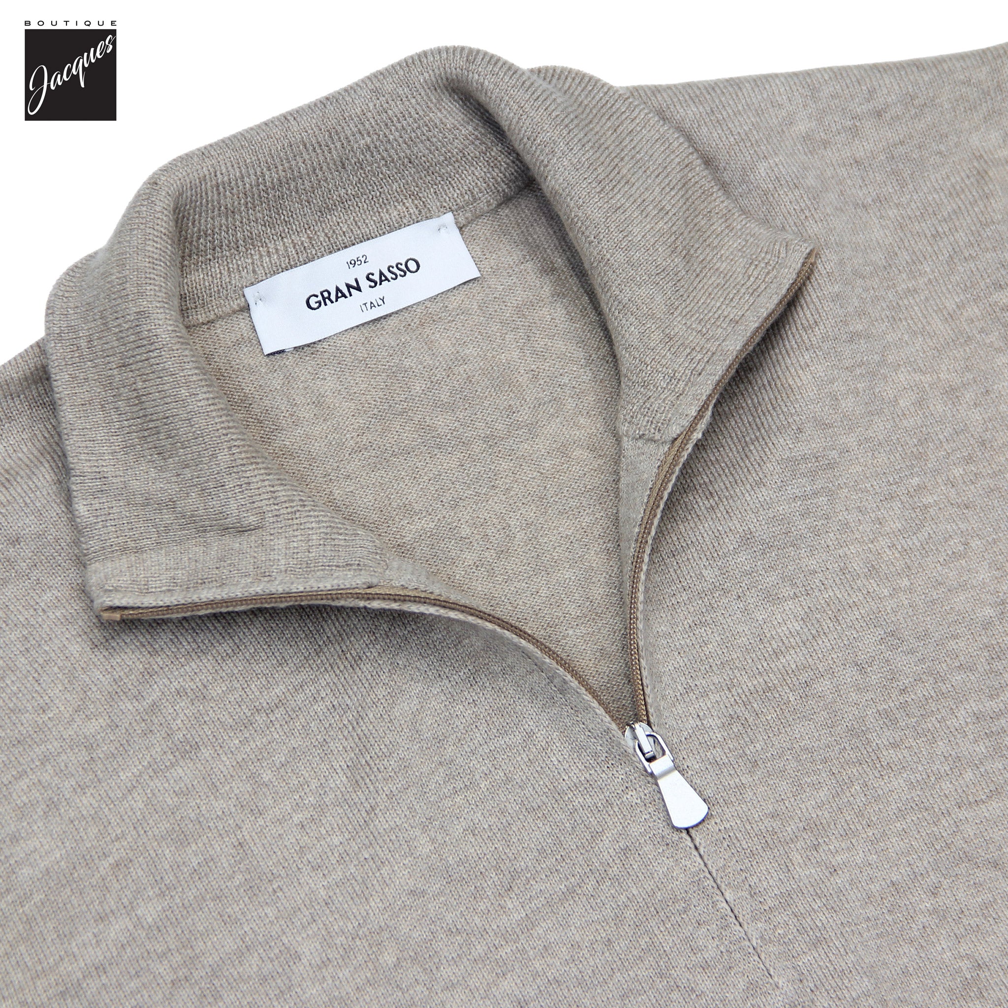 Beige Superfine Gauge Virgin Wool Half Zip Sweater - GRAN SASSO