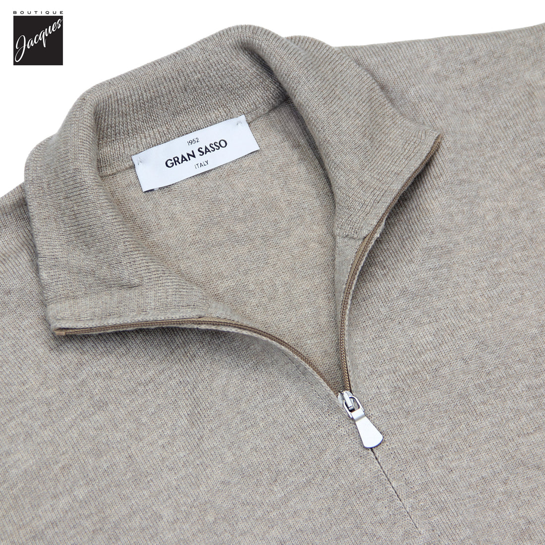 Beige Superfine Gauge Virgin Wool Half Zip Sweater - GRAN SASSO