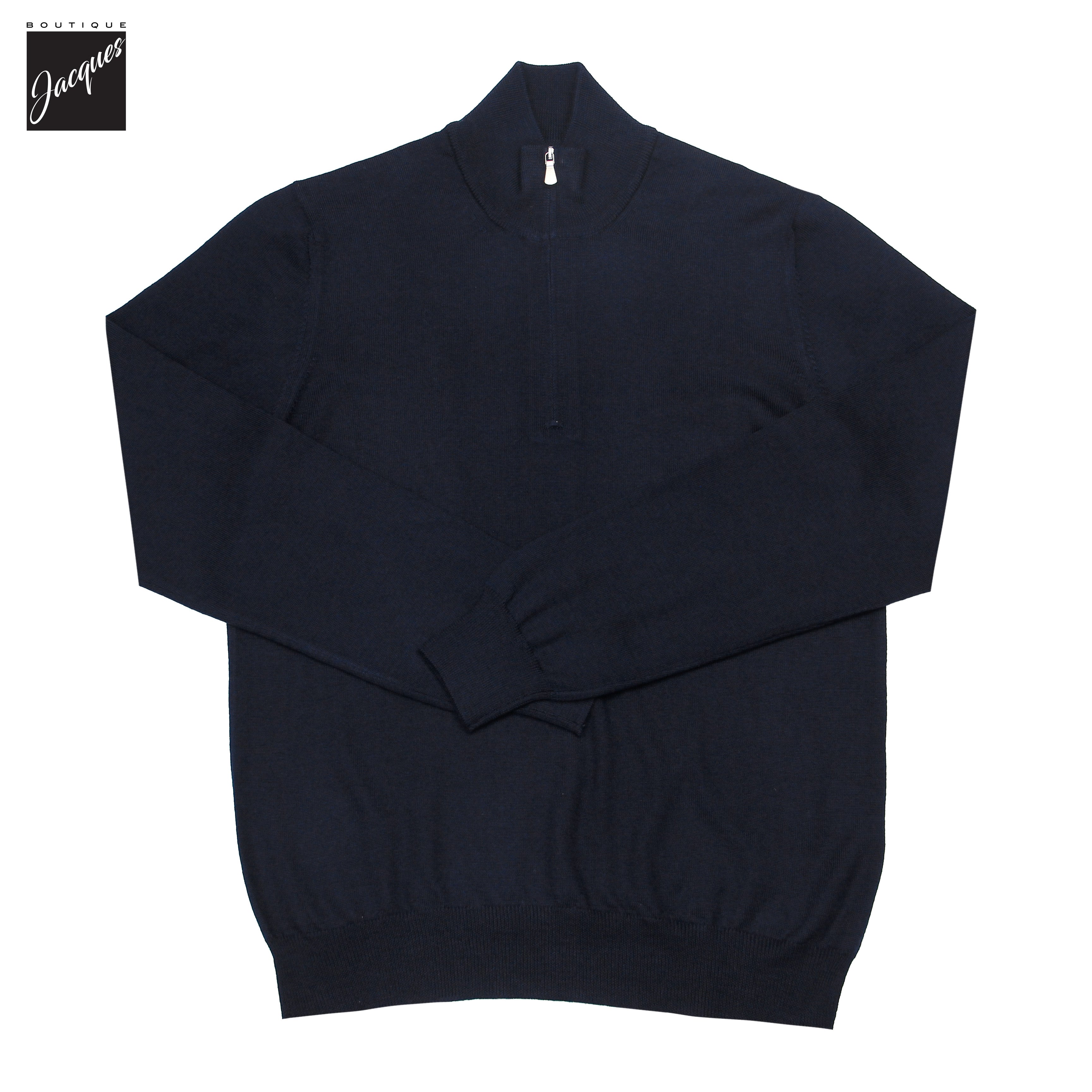 Navy Blue Superfine Gauge Virgin Wool Half Zip Sweater - GRAN SASSO