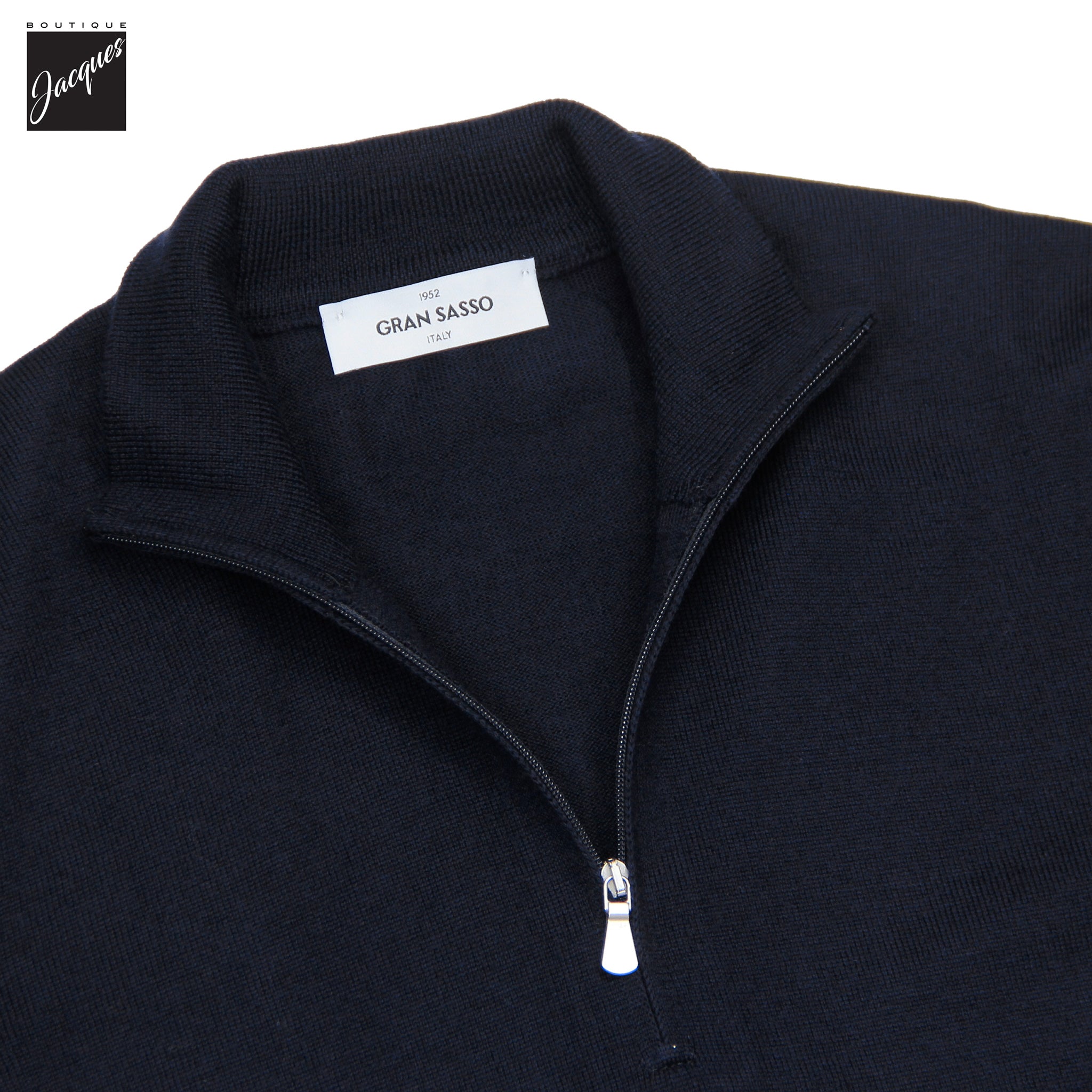 Navy Blue Superfine Gauge Virgin Wool Half Zip Sweater - GRAN SASSO