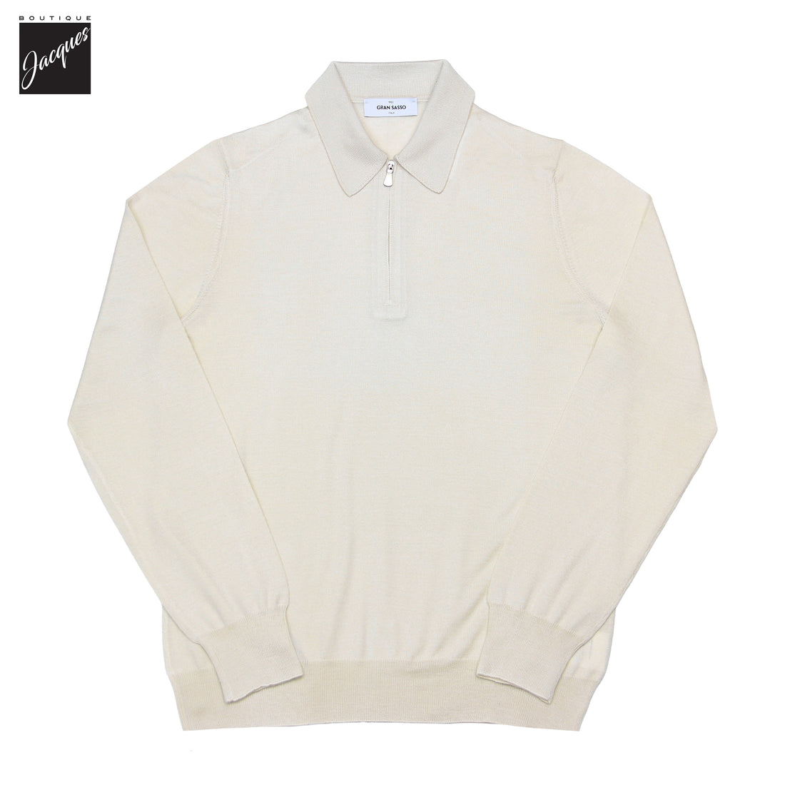 Off-White Ultrafine Wool-Silk Knitted Long Sleeve Zip Polo Shirt - GRAN SASSO